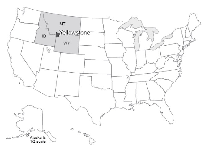 Map of the U.S. with Idaho, Montana, and Wyoming highlighted and Yellowstone National Park noted where their borders meet.